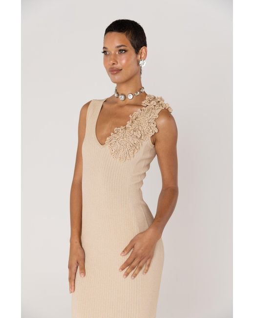 Andreeva Natural Neutrals Chrysanthemum Metallic Knit Dress With Handmade Emroidery