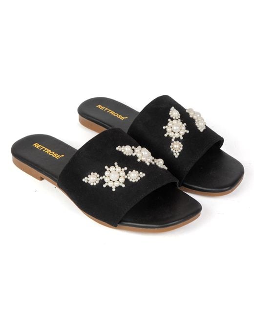 Rettrose Black Annie Luxury Plush Diamanté Embellished Handmade Sliders