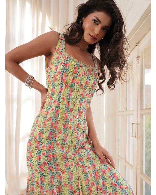 Rose & Nancy Natural Annie Fit & Flare Hand Embellished Fruit Floral Print Maxi Dress