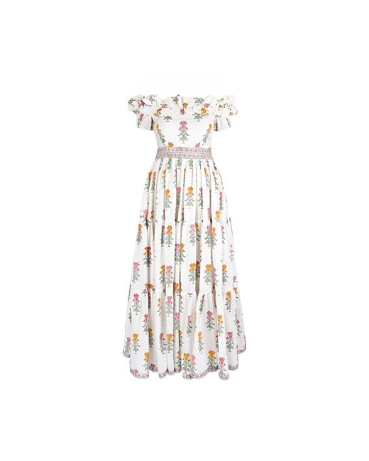 Echo of Pink White Isla Hand Block Print Offshoulder Cotton Maxi Dress