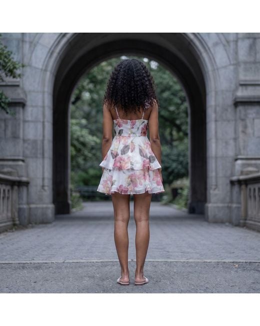 Modenaire Pink Floral Printed Mini Dress With Ruffle Layers And Tie Waist