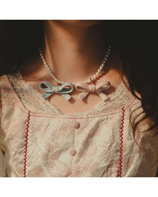 H2 Studio Metallic Bowtie Maniac Medium Ceramic Ribbon Bowtie Round Baroque Freshwater Pearl Multi Charms Necklace And Set