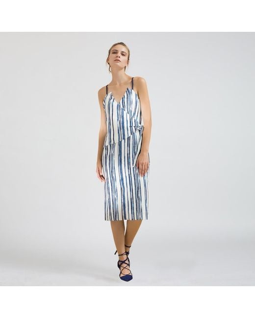 Smart and Joy Blue Stripe Print Wrap Effect Dress