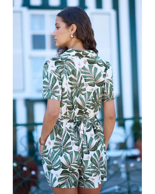 Yumi' Green Viscose Leaf Print Retro Playsuit
