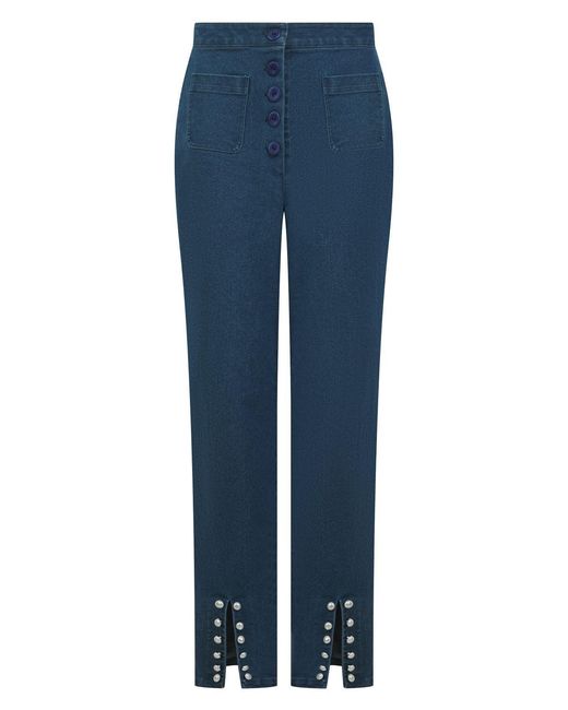 K-Win London Blue High-Waisted Button-Front Denim Jeans With Pearl Detailing Slit