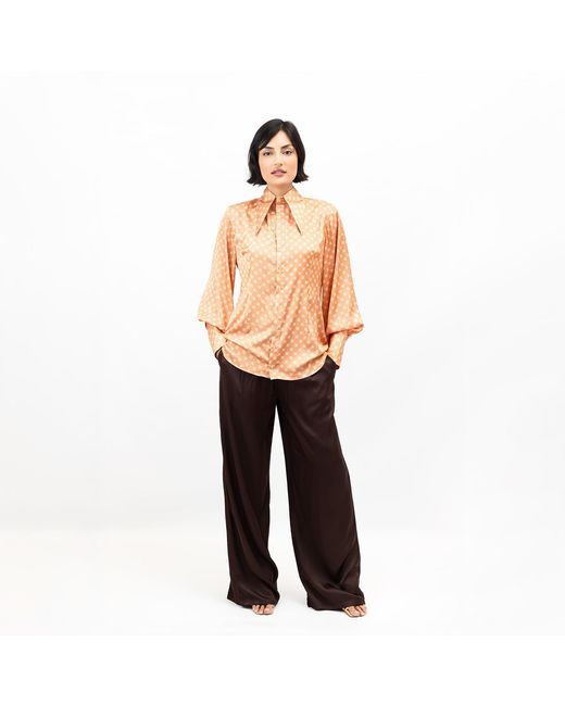 Janara Jones Pink Rose Apricot Satin Long Sleeve Large Collar Blouse