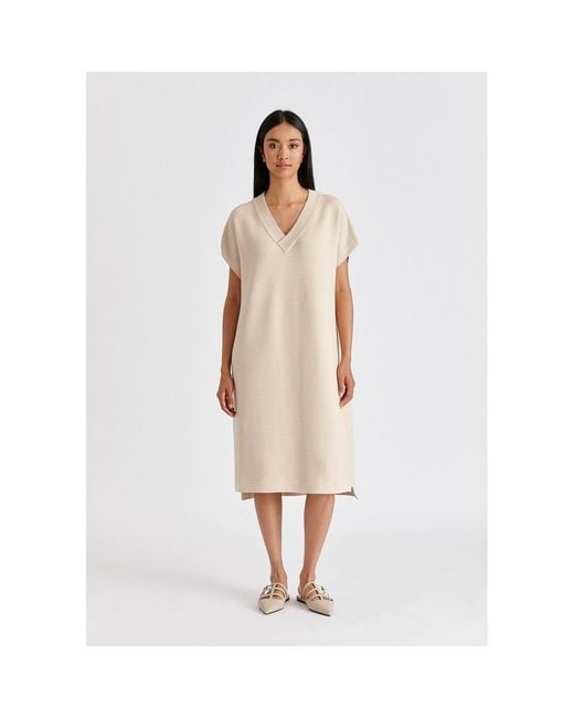 Paisie Natural Neutrals V-Neck Sleeveless Ribbed Jumper Dress