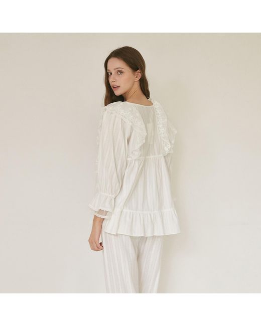 Luna Luz White Angelring Cotton Embroidered Square-Neck Long-Sleeve Pajama Set