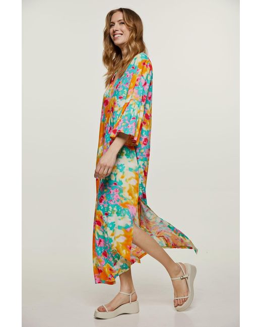 Conquista Orange Abstract Floral Kaftan Style Dress