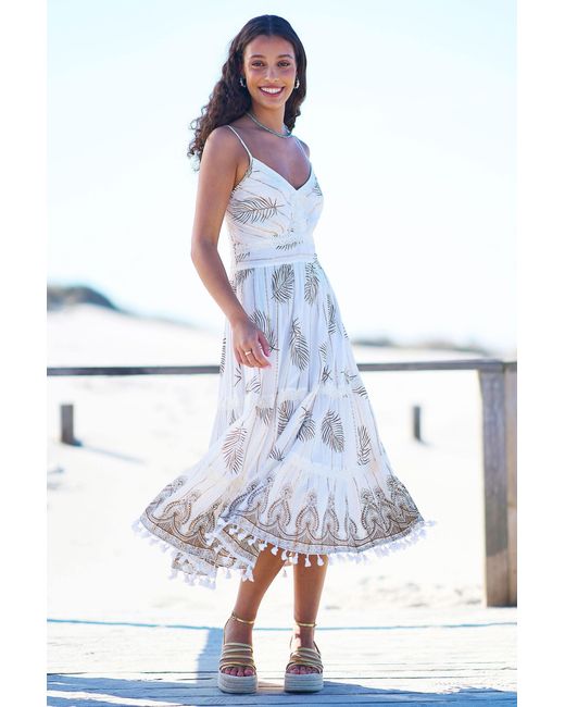 Yumi' Blue Neutrals Ivory Foil Print Midi Sun Dress With Lace Trims
