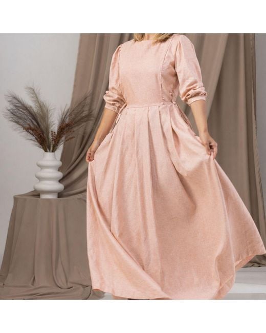 Nikka Place Pink Summer Linen Pleated Dress With Pockets
