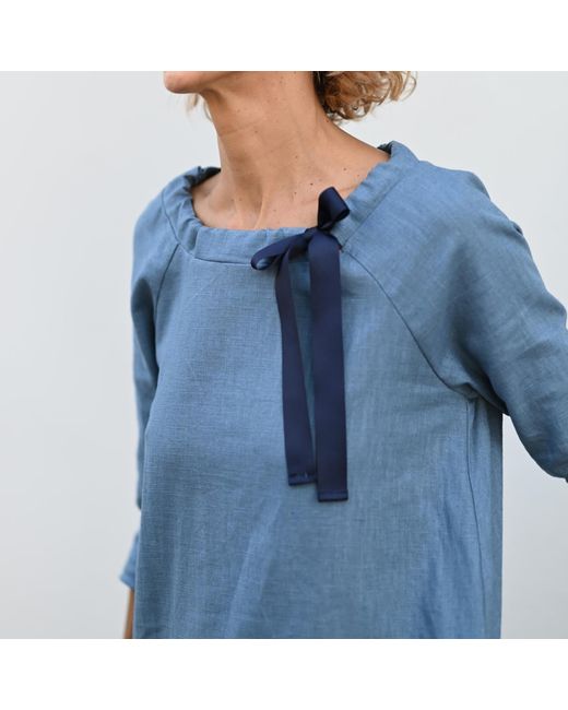 LeMuse Blue French — Stonewashed Linen Dress With Adjustable Ribbon Bow