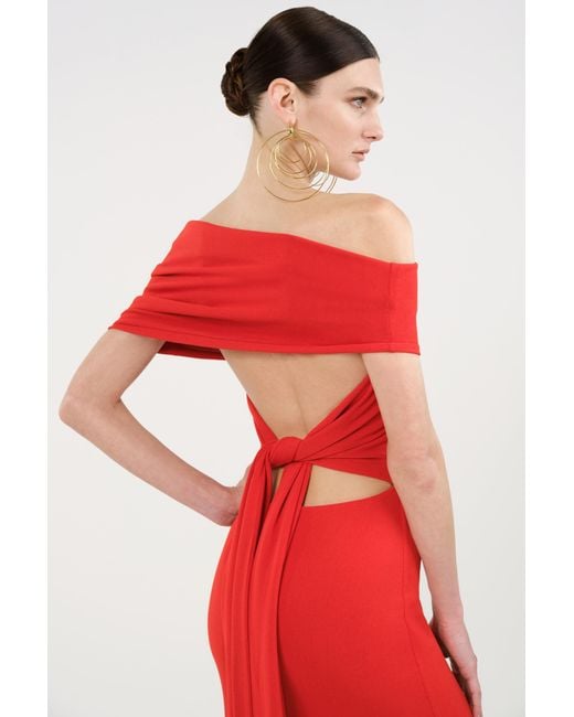 Nocturne Red Asymmetric Strapless Maxi Dress