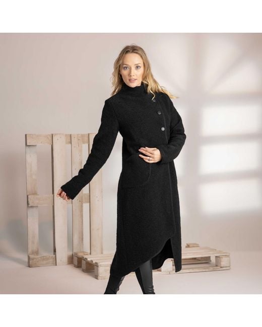 Nikka Place Black Wool Asymmetrical Wrap Cardigan Coat With Buttons And Pockets