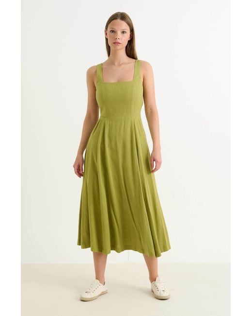Louche Green Baya Linen Mix Square Neck Midi Dress