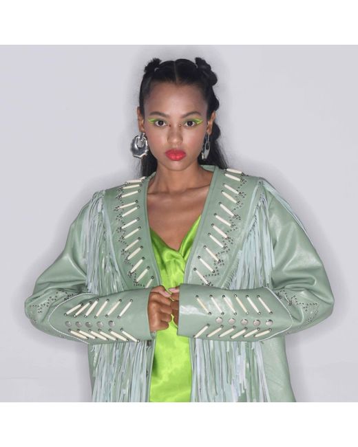 Zasta Studio Green The Leader- Beads & Fringes Leather Jacket