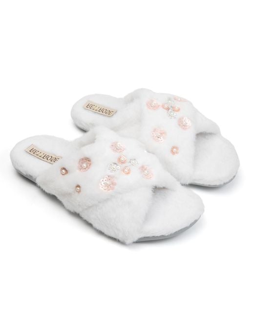 Rettrose White Kinsley Luxury Plush Diamanté Embellished Handmade Slipper