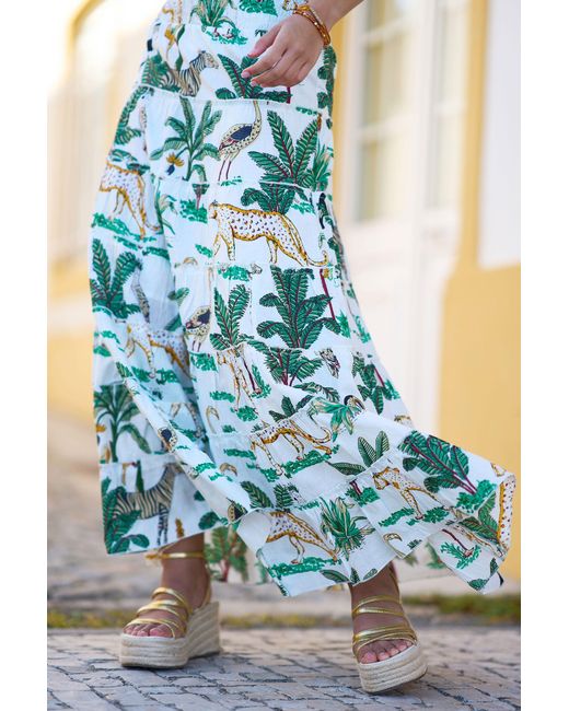 Yumi' Blue Animal Print Cotton Tiered Maxi Skirt