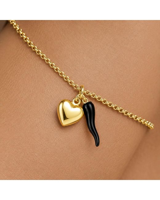 Unaloe Metallic Vermeil Cornicello & Heart Charm Bracelet – Enamel Italian Good Luck Jewelry, Handmade Lucky Talisman