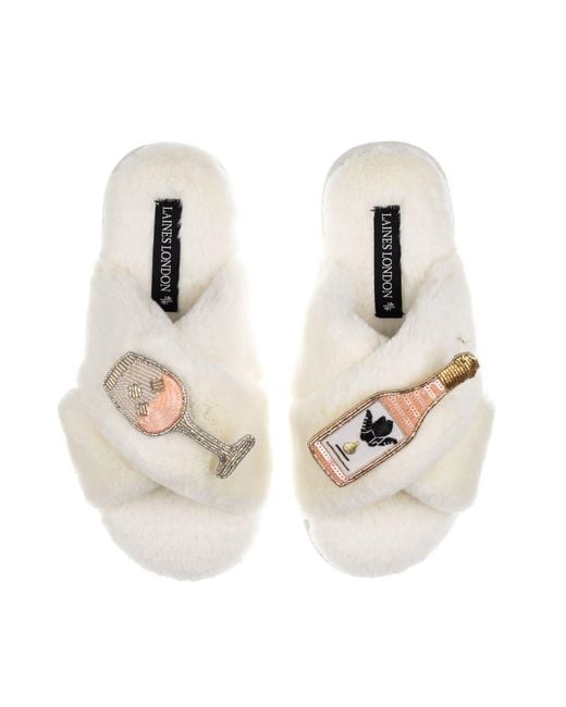 Laines London White Neutrals Classic Laines Slippers With Angelic Rose Wine Brooches