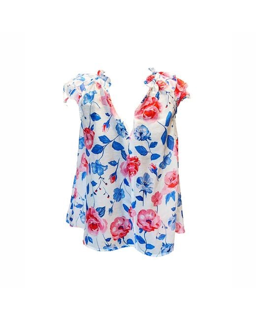 Haris Cotton Blue Ruffled Sleeve Cups Printed Silk Blend Blouse Wild Rose