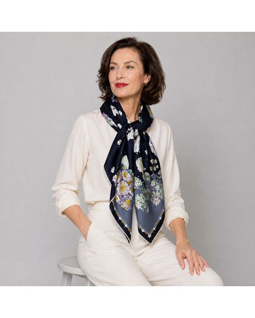 Wenzi Blue Moonlit Menagerie Hand Painted Mulberry Silk Square Scarf