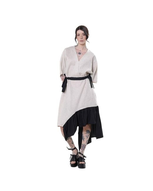 Metamorph White Neutrals V-Neck Linen Midi Dress