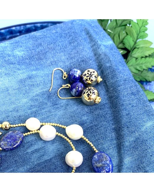 Farra Blue Christmas Style Round Lapis Snowflake Dangle Earrings