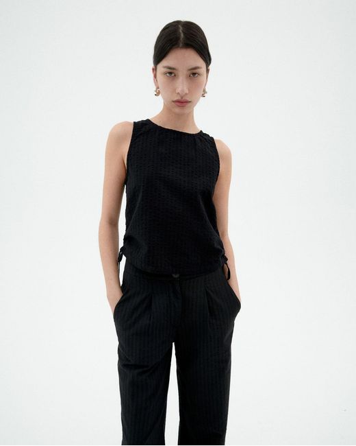 Thinking Mu Black Gathered Seersucker Florence Top