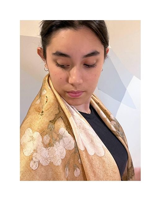 Soft Strokes Silk Metallic Pure Silk Scarf Painting Parrot And Insect Among Pear Blossoms