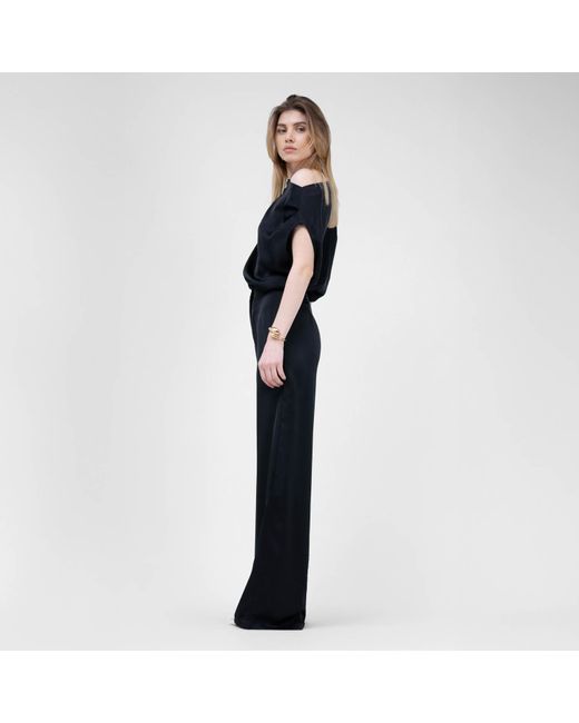 BLUZAT Black Set With Asymmetrical Draped Top And Wide Leg Trousers