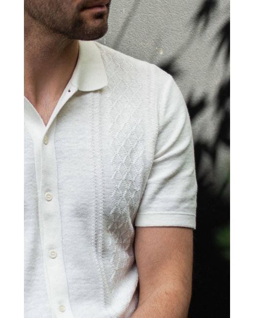 Paul James Knitwear White Organic Cotton Dante Linen Patterned Shirt for men