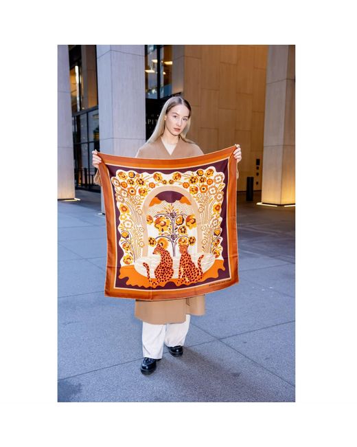 Jessie Zhao New York Metallic Neutrals Double Sided Wool Silk Scarf Of Leopards With Floral Fountain