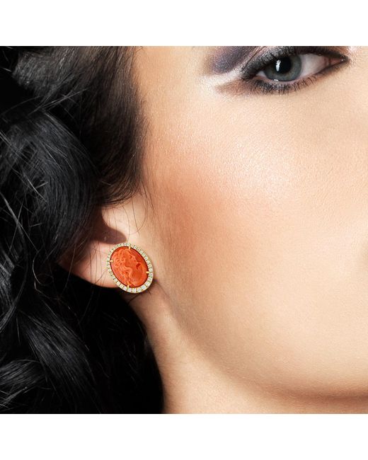 Artisan Orange Carved Coral Cameo & Diamond Stud Earrings