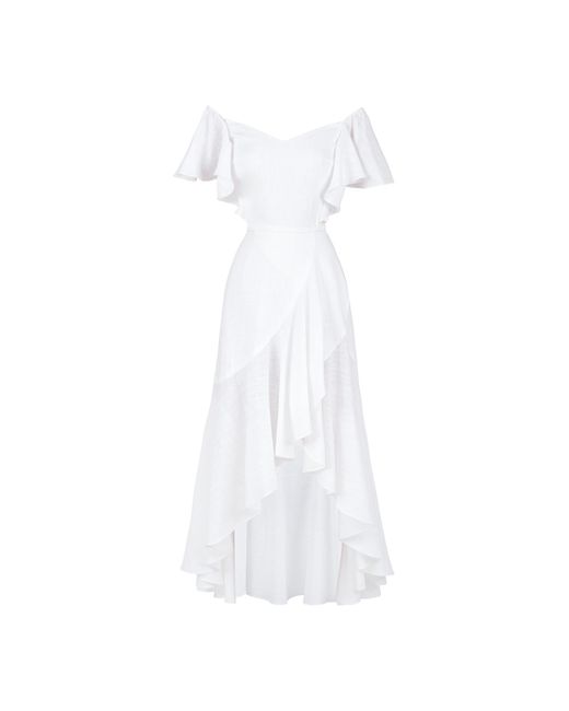 ALINA CERNĂTESCU White Thalia Linen Off-Shoulder Or On-Shoulder Midi Cocktail Dress With Ruffles