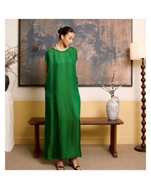 Silk and Bears Green Seraphine Emerald Jade Geometric Jacquard Silk Kaftan Maxi Dress