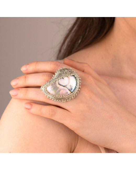 Oana Savu White Beaded Nautilus Seashell Shell Ring Adjustable Sterling