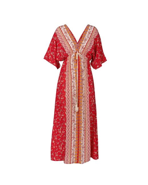 Tantra Spain Sl Red Printed Dress With V-Neck, Elastic Waist And Drawstring Unique Size