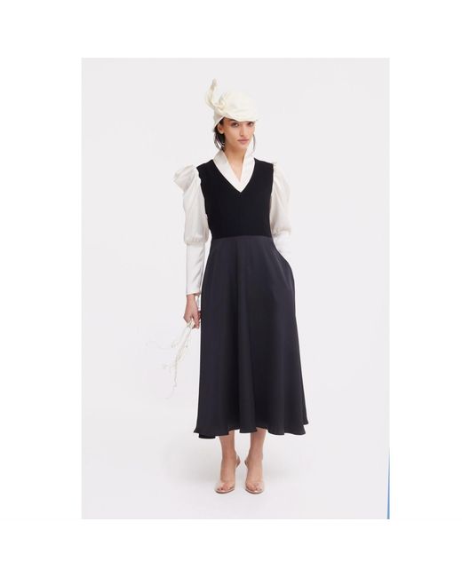 Julia Allert Blue Elegant Satin V-Neck Long Sleeve Midi Dress –