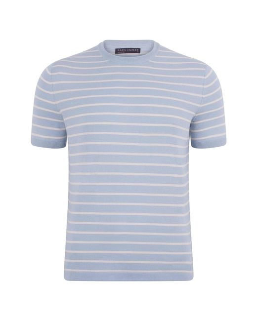 Paul James Knitwear Blue Mens Ultra-fine Cotton Javier Knitted Pin Stripe T-shirt for men