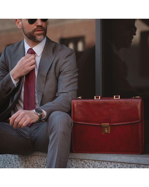 Time Resistance Red Leather Briefcase for men
