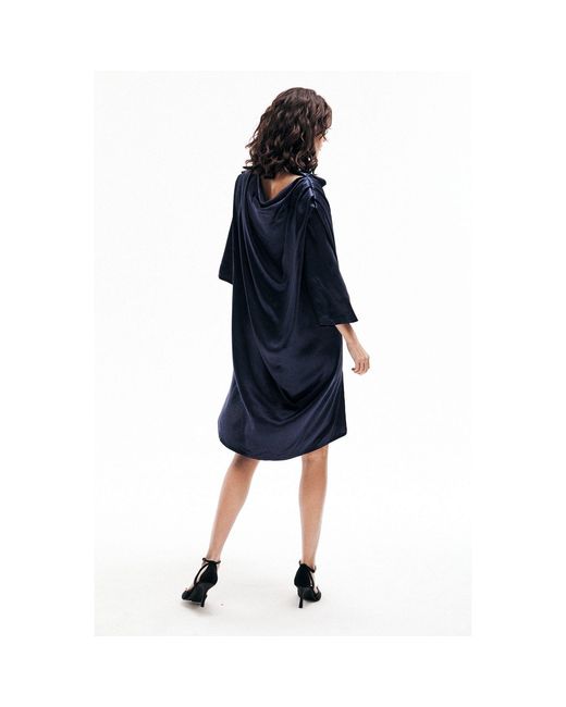 Monosuit Blue Sleeve High Neck Cut-Out Draped Belted Satin Loose Fit Casual Midi Dress Lullaby