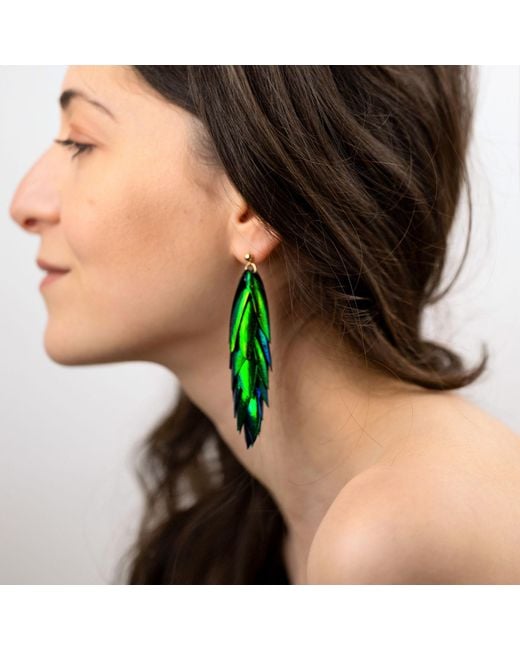 Oana Savu Green Beetle Earrings Long Metallic Natural Recycled Beetle Wings & Earrings