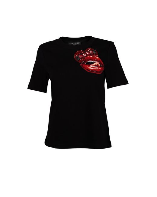 House of Laines London Black Laines Couture Embellished Love Lips T-Shirt