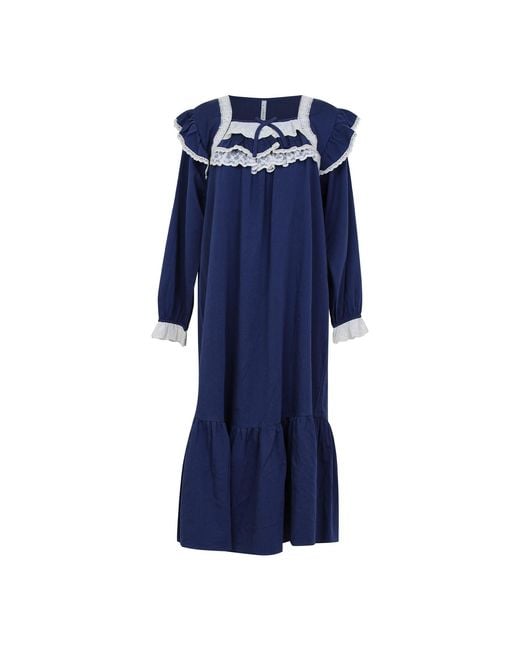 Luna Luz Blue Helen Cotton Square-Neck Long-Sleeve Nightdress