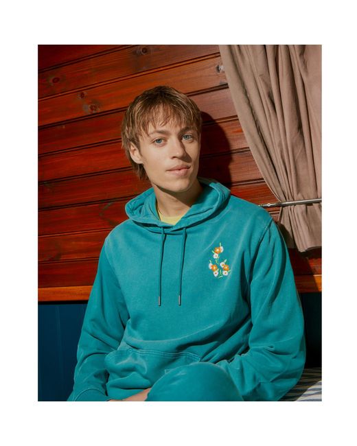 INGMARSON Blue Floral Embroidered Organic Cotton Hoodie for men