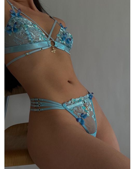 Empress Mimi Blue Madame X Lace G-String With Butterfly Detail