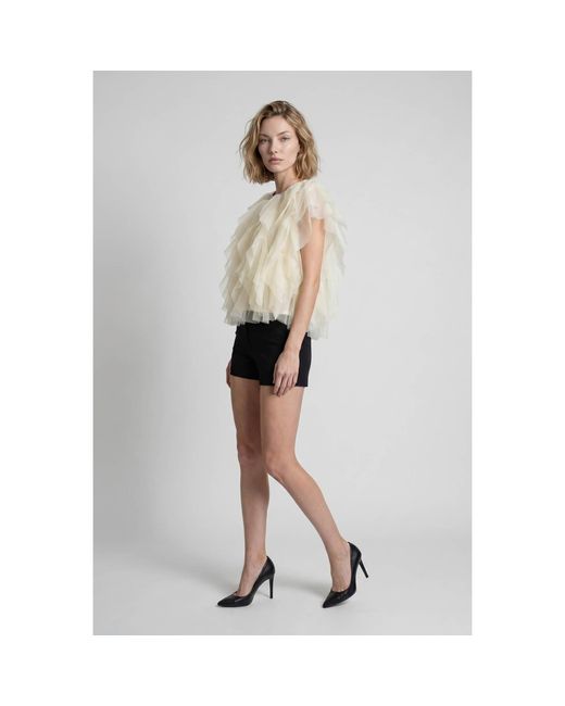 Modenaire Natural Sheer Tulle Blouse Featuring Cascading Ruffles