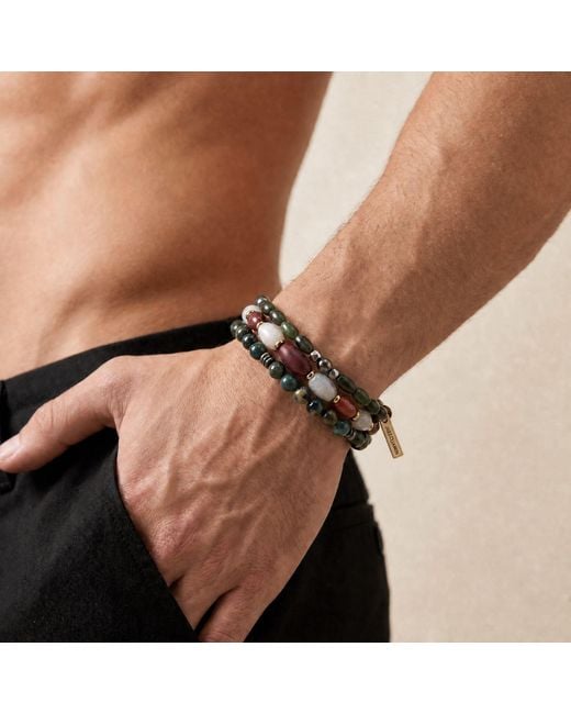 Jaredjamin Metallic Silvan Wood & Oval Gemstone Stackable Bracelet Set for men