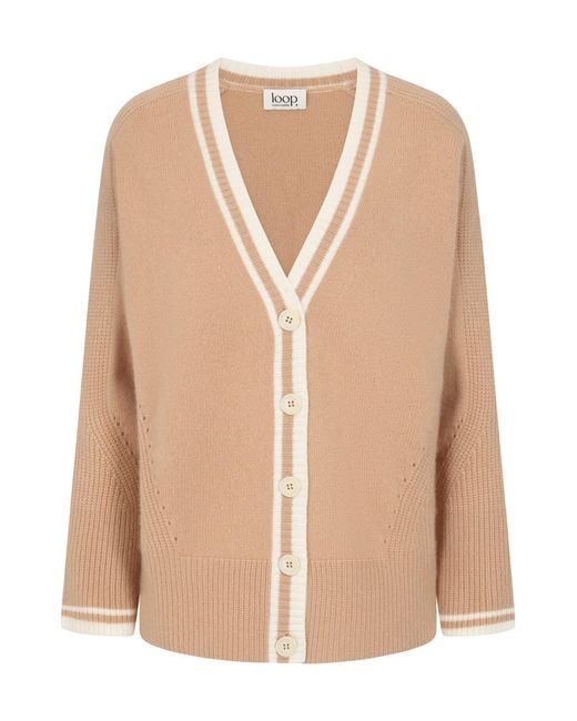 Loop Cashmere Natural Neutrals Striped Tipped V Neck Lofty Cardigan